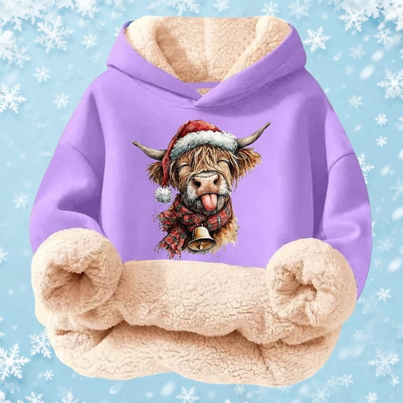 YMNXA Big Girls Boys Hoodies Long Sleeve Cartoon Animal Print Plush Warm Thickened Comfortable Sweatshirt For Daily Wear Purple 7-8 Years