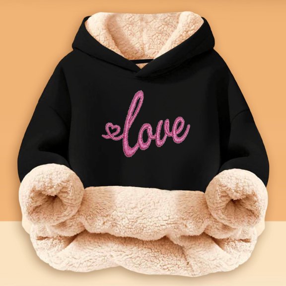 YMNXA Big Girls Boys Hoodies Long Sleeve Letter Print Plush Warm Thickened Comfortable Sweatshirt For Daily Wear Black 3-4 Years