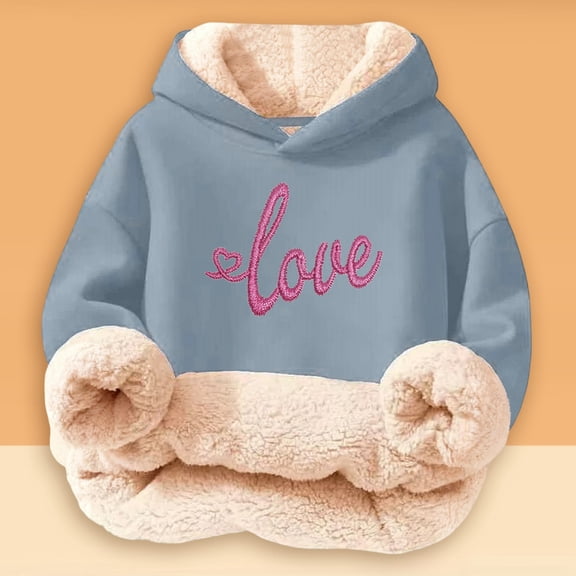 YMNXA Big Girls Boys Hoodies Long Sleeve Letter Print Plush Warm Thickened Comfortable Sweatshirt For Daily Wear Light Blue 3-4 Years