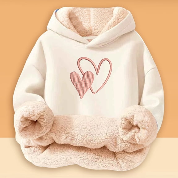 YMNXA Big Girls Boys Hoodies Long Sleeve Love Heart Print Plush Warm Thickened Comfortable Sweatshirt For Daily Wear Beige 13-14 Years