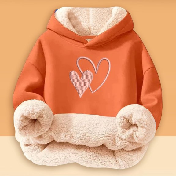 YMNXA Big Girls Boys Hoodies Long Sleeve Love Heart Print Plush Warm Thickened Comfortable Sweatshirt For Daily Wear Orange 3-4 Years