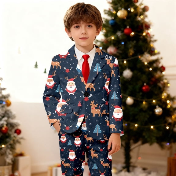 YMNXA Big Kids Boys Christmas Formal Coat Long Sleeve Lapel Santa Claus Print Comfortable Jacket For Party Navy 3-4 Years
