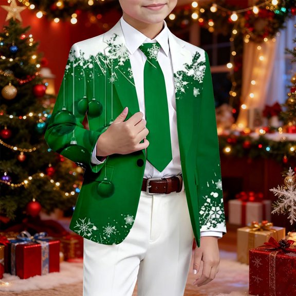 YMNXA Big Kids Boys Christmas Formal Coat Long Sleeve Lapel Snowflake Print Comfortable Jacket For Party Green 3-4 Years