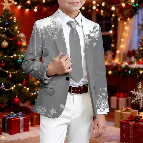 YMNXA Big Kids Boys Christmas Formal Coat Long Sleeve Lapel Snowflake Print Comfortable Jacket For Party Grey 3-4 Years