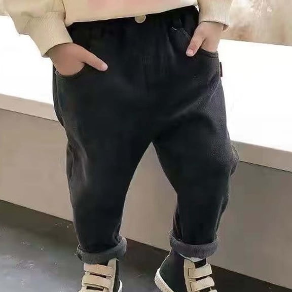 YMNXA Big Kids Boys Denim Pants With Pocket Elastic Waist Plush Thickened Warm Fashion Trousers For Casual Daily Wear Black 3-4 Years