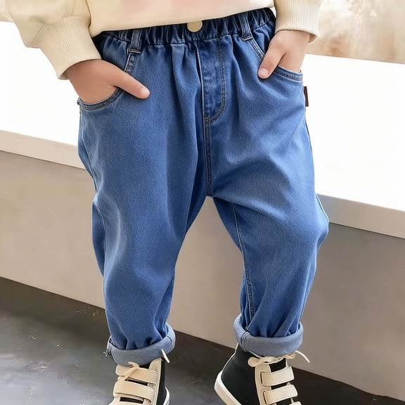 YMNXA Big Kids Boys Denim Pants With Pocket Elastic Waist Plush Thickened Warm Fashion Trousers For Casual Daily Wear Blue 6-7 Years