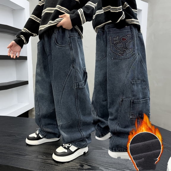 YMNXA Big Kids Boys Denim Pants With Pocket Straight Fit Wide Leg Loose Comfortable Trousers For Casual Daily Wear Grey 4-5 Years