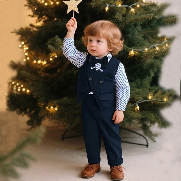 YMNXA Big Kids Boys Formal Outfit Three Piece Long Sleeve Lapel Shirt Trousers Vest Comfortable Soft Sets For Wedding Party Blue 2-3 Years