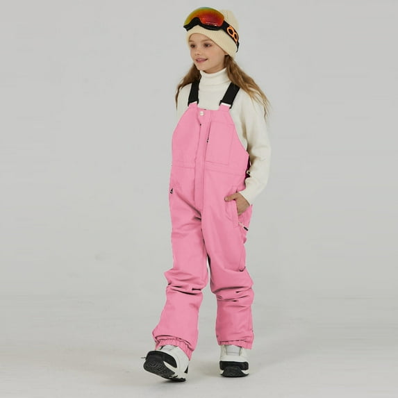 YMNXA Big Kids Boys Girls Adjustable Strap Thermal Bib Pants With Knee Solid Color Thickened Warm Overalls For Outdoor Outdoor Activities And Skiing Pink 7-8 Years