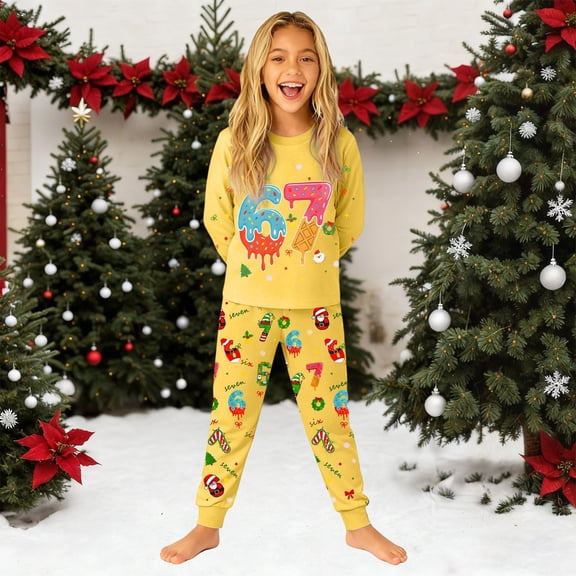 YMNXA Big Kids Boys Girls Christmas Pajama Sets 6 7 Print Long Sleeve Top And Pants Soft Comfortable Outfit For Daily Wear Yellow 2-3 Years