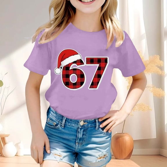YMNXA Big Kids Boys Girls T Shirt Short Sleeve Round Neck 6 7 Print Soft Stylish Tee Top For Casual Daily Wear And School Purple 12-13 Years