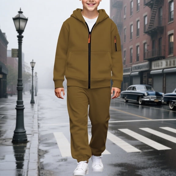 YMNXA Big Kids Boys Outfits Two Piece Long Sleeve Solid Color Zipper Pocket Hoodies And Jogger Pants Stylish Soft Sets For Daily Wear Brown 8-9 Years