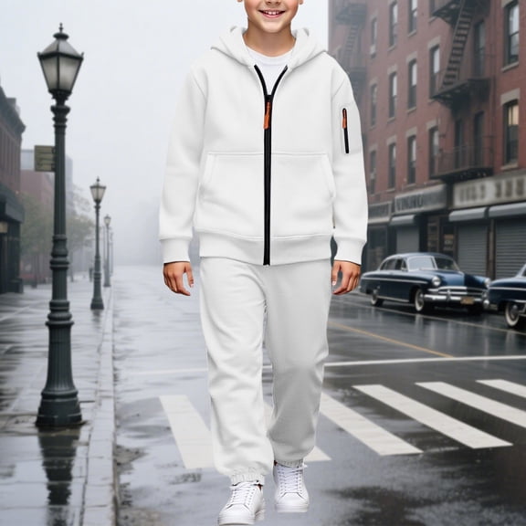 YMNXA Big Kids Boys Outfits Two Piece Long Sleeve Solid Color Zipper Pocket Hoodies And Jogger Pants Stylish Soft Sets For Daily Wear White 4-5 Years
