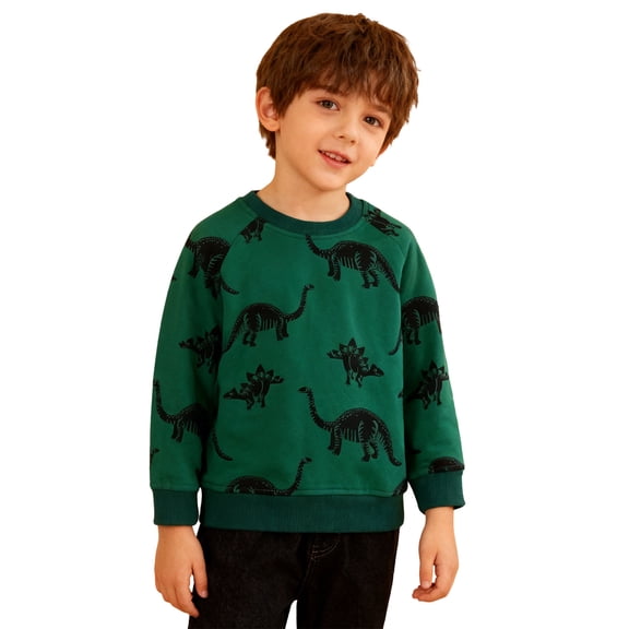 YMNXA Big Kids Boys Pullover Long Sleeve Crew Neck Dinosaurs Print Soft Comfortable Sweatshirt Top For Daily Wear Dark Green 3-4 Years