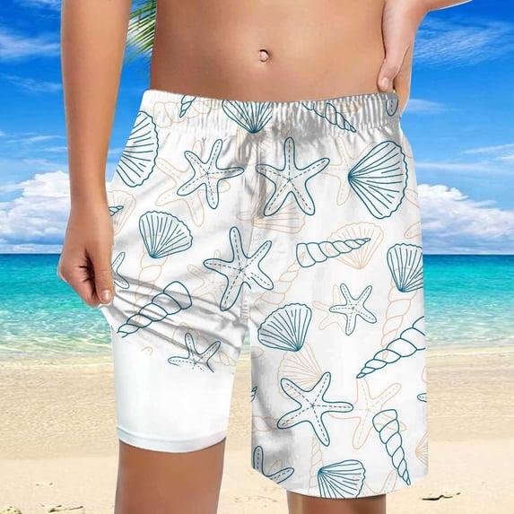 YMNXA Big Kids Boys Swim Trunks Drawstring Elastic Waist Cartoon Print Comfortable Breathable Swimming Shorts With Liner Swimsuit For Holiday Vacation Beach White 5-6 Years