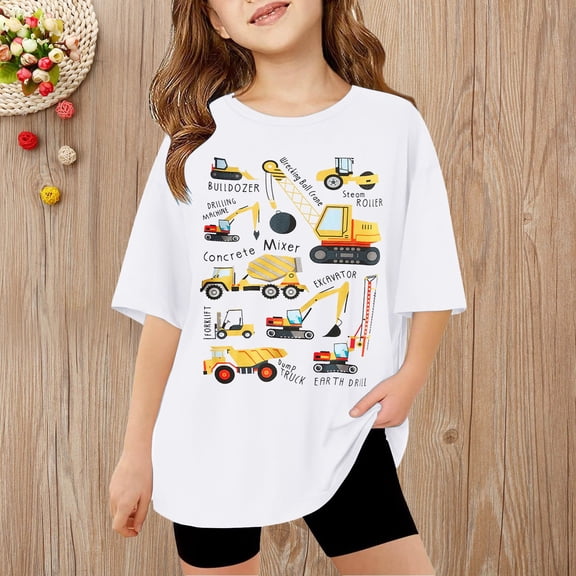 YMNXA Big Kids Boys T Shirt Short Sleeve Crew Neck Excavator Truck Print Casual Comfortable Top For Daily Wear White 1-2 Years