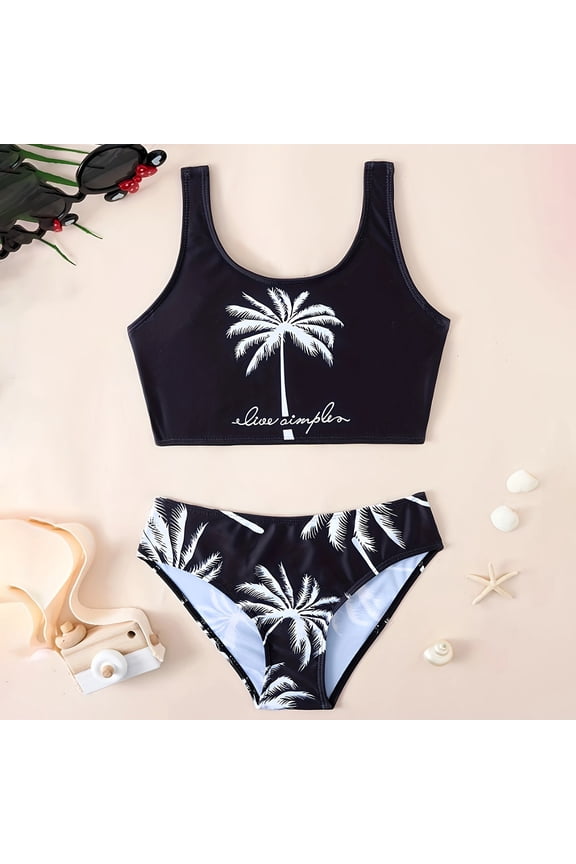 Big Kids Girls 2 Piece Swimsuits Sleeveless Cartoon Printed Bikinis Sets Comfortable Fashion Swimwear For Holiday Vacation Beach Black 9-10 Years