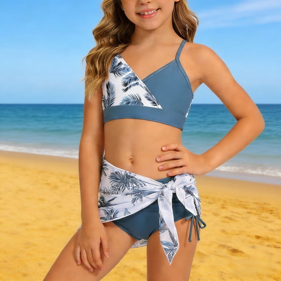 YMNXA Big Kids Girls 2 Piece Swimsuits Sleeveless Flower Print Top And Bottoms Bikinis Sets Comfortable Fashion Swimwear For Holiday Vacation Beach Navy 13-14 Years