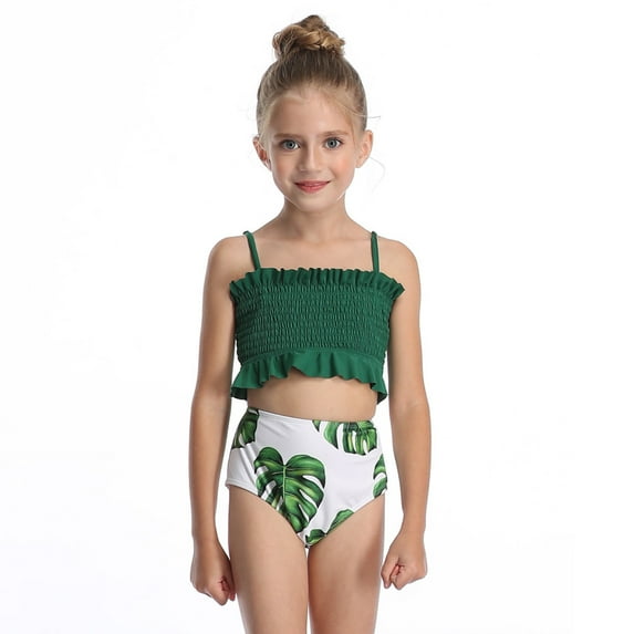YMNXA Big Kids Girls 2 Piece Swimsuits Sleeveless Leaves Printed Bikinis Sets Comfortable Fashion Swimwear For Holiday Vacation Beach Green 12-14 Years