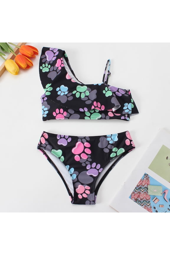 Big Kids Girls 2 Piece Swimsuits Sleeveless Slash Neck Flower Printed Bikinis Sets Comfortable Fashion Swimwear For Holiday Vacation Beach Black 130