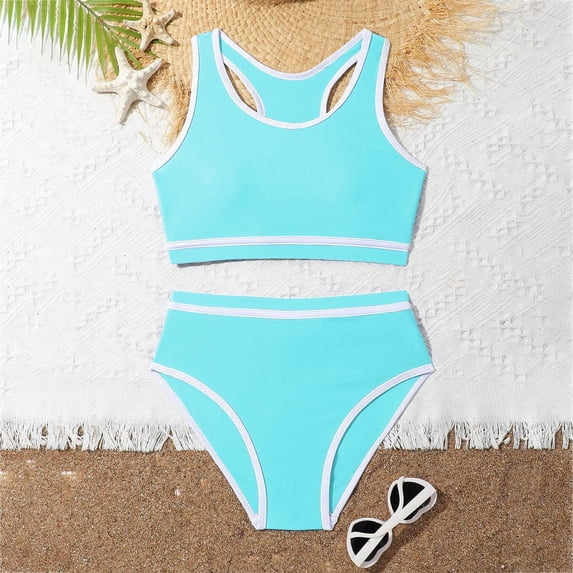 YMNXA Big Kids Girls 2 Piece Swimsuits Sleeveless Solid Color Bikinis Sets Comfortable Fashion Swimwear For Holiday Vacation Beach Mint Green M