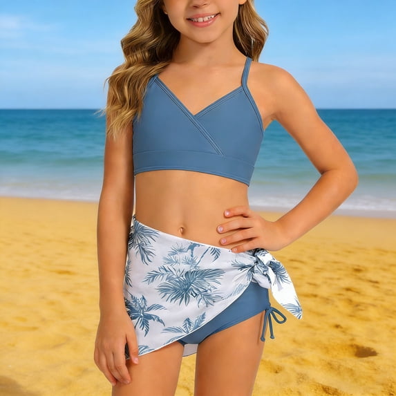 YMNXA Big Kids Girls 2 Piece Swimsuits Sleeveless Solid Color Top And Bottoms Bikinis Sets Comfortable Fashion Swimwear For Holiday Vacation Beach Blue 15-16 Years