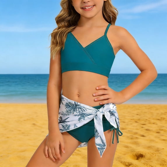 YMNXA Big Kids Girls 2 Piece Swimsuits Sleeveless Solid Color Top And Bottoms Bikinis Sets Comfortable Fashion Swimwear For Holiday Vacation Beach Dark Green 7-8 Years