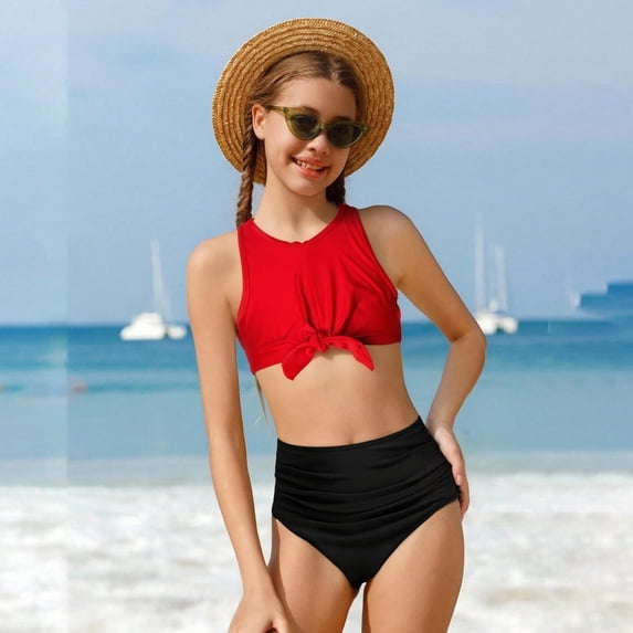 YMNXA Big Kids Girls 2 Piece Swimsuits Sleeveless Solid Color Top And Bottoms Bikinis Sets Comfortable Fashion Swimwear For Holiday Vacation Beach Red2 5-6 Years
