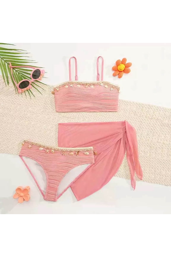Big Kids Girls 3 Piece Swimsuits Sleeveless Suspenders Solid Color Bikinis Sets Comfortable Fashion Swimwear For Holiday Vacation Beach Rose Gold 8-9 Years