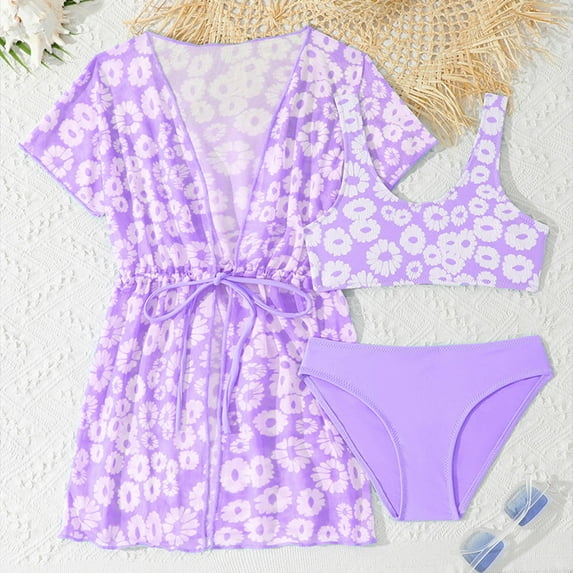 YMNXA Big Kids Girls 3 Piece Swimsuits Sleeveless Top Bottoms And Cover Up Floral Print Bikinis Sets Comfortable Stylish Swimwear For Holiday Vacation Beach Purple 5-6 Years