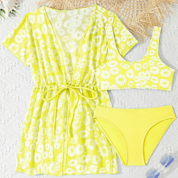 YMNXA Big Kids Girls 3 Piece Swimsuits Sleeveless Top Bottoms And Cover Up Floral Print Bikinis Sets Comfortable Stylish Swimwear For Holiday Vacation Beach Yellow 11-14 Years