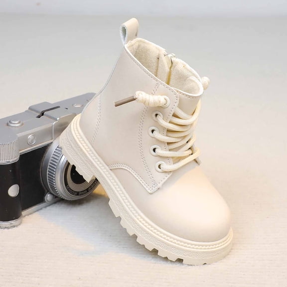 YMNXA Big Kids Girls Booties Non Slip Flat Sole Side Zipper Lace Up Solid Color Fashion Comfortable Shoes For Daily Wear Beige 4.5-5 Years