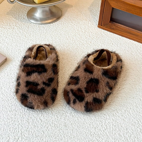 YMNXA Big Kids Girls Boots Leopard Print Non Soft Sole Plush Thickened Warm Soft Slippers For Indoor Wear Brown 2-2.5 Years