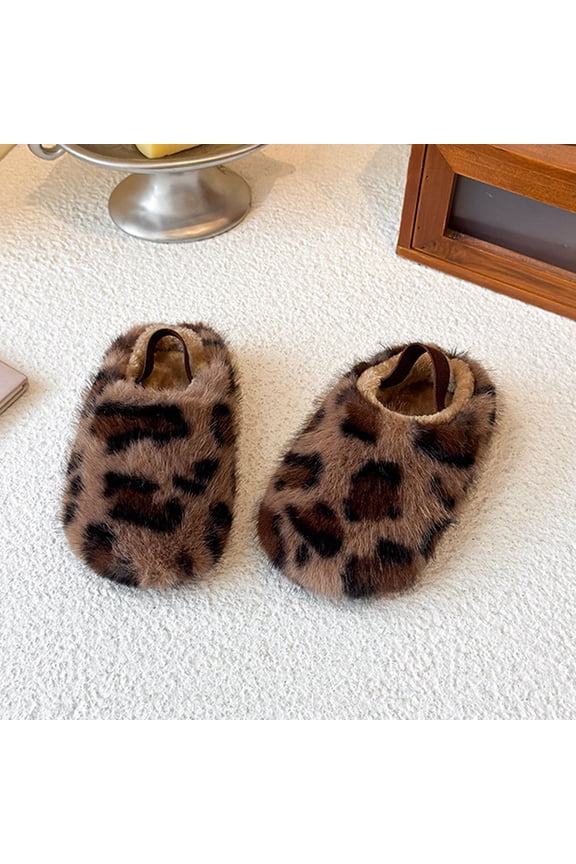 Big Kids Girls Boots Leopard Print Non Soft Sole Plush Thickened Warm Soft Slippers For Indoor Wear Brown 3-3.5 Years