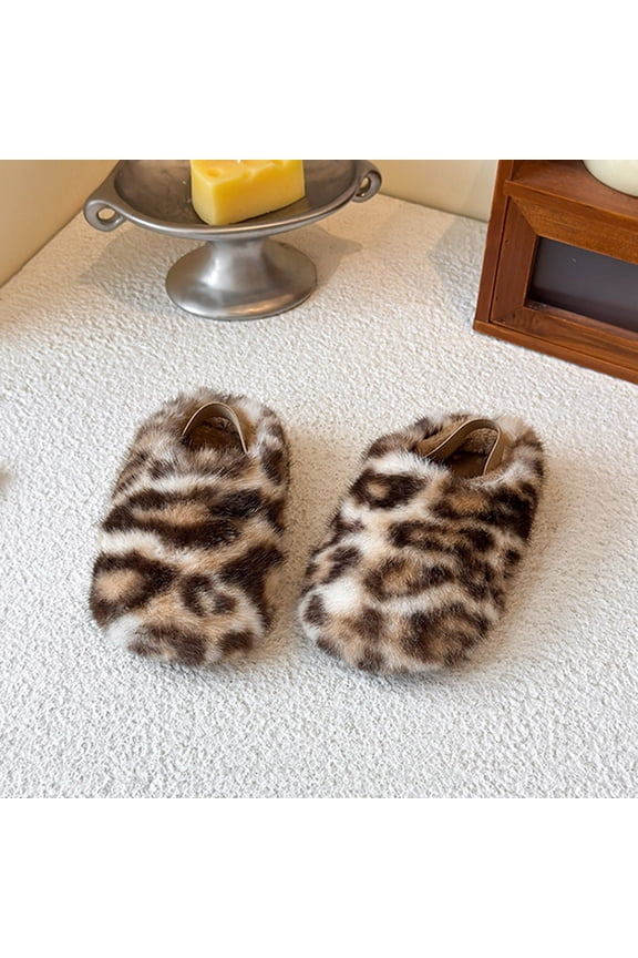 Big Kids Girls Boots Leopard Print Non Soft Sole Plush Thickened Warm Soft Slippers For Indoor Wear Khaki 8.5-9 Years