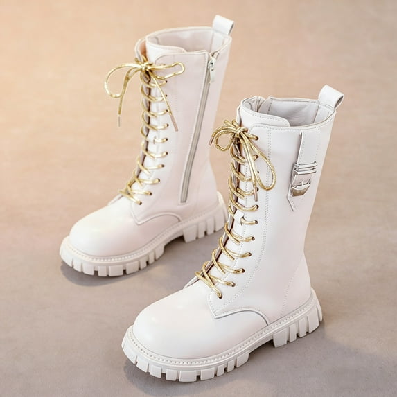 YMNXA Big Kids Girls Boots Non Slip Side Zipper Lace Up Flat Sole Fashion Comfortable Shoes For Daily Wear White 10.5-11 Years