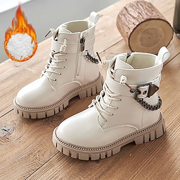 YMNXA Big Kids Girls Boots Non Slip Side Zipper Lace Up Flat Sole Plush Warm Fashion Comfortable Shoes For Daily Wear Beige 4-4.5 Years
