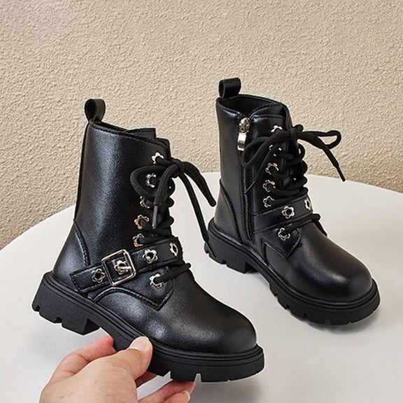 YMNXA Big Kids Girls Boots Non Slip Side Zipper Lace Up Soft Sole Fashion Comfortable Shoes For Daily Wear Black 4-4.5 Years