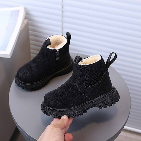 YMNXA Big Kids Girls Boots Non Slip Solid Color Flat Sole Side Zipper Plush Warm Fashion Comfortable Shoes For Daily Wear Black 4-4.5 Years