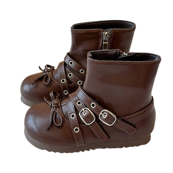 YMNXA Big Kids Girls Boots With Bow And Buckle Detail Solid Color Non Slip Side Zipper Fashion Comfortable Shoes For Daily Wear Brown 9.5-10 Years