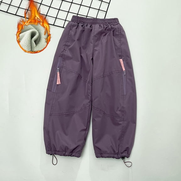 YMNXA Big Kids Girls Boys Jogger Pants Elastic Waist Solid Color Plush Lined Windproof Thermal Sweatpants For Outdoor Activities Purple 4-5 Years