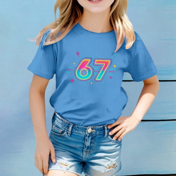 YMNXA Big Kids Girls Boys T Shirt Short Sleeve Round Neck 6 7 Print Comfortable Soft Tee Top For Casual Daily Wear Blue 2-3 Years
