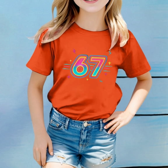 YMNXA Big Kids Girls Boys T Shirt Short Sleeve Round Neck 6 7 Print Comfortable Soft Tee Top For Casual Daily Wear Orange 3-4 Years