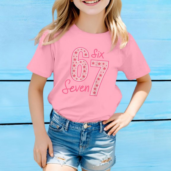 YMNXA Big Kids Girls Boys T Shirt Short Sleeve Round Neck 6 7 Print Comfortable Soft Tee Top For Casual Daily Wear Pink 3-4 Years