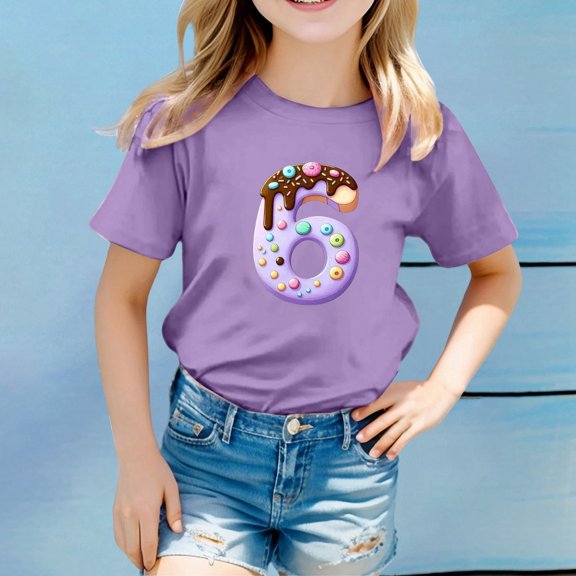 YMNXA Big Kids Girls Boys T Shirt Short Sleeve Round Neck 6 Print Comfortable Soft Tee Top For Casual Daily Wear Purple 1-2 Years