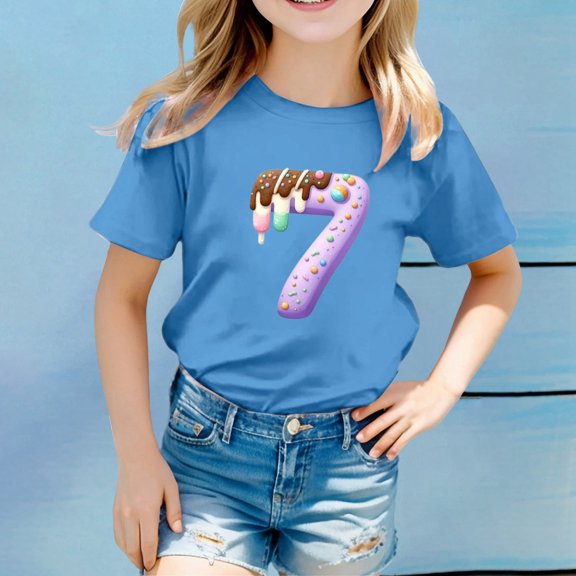 YMNXA Big Kids Girls Boys T Shirt Short Sleeve Round Neck 7 Print Comfortable Soft Tee Top For Casual Daily Wear Blue 2-3 Years