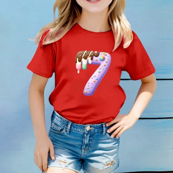 YMNXA Big Kids Girls Boys T Shirt Short Sleeve Round Neck 7 Print Comfortable Soft Tee Top For Casual Daily Wear Red 2-3 Years