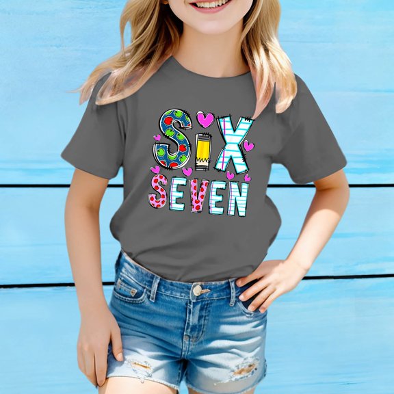 YMNXA Big Kids Girls Boys T Shirt Short Sleeve Round Neck Six Seven Print Comfortable Soft Tee Top For Casual Daily Wear Grey 12-13 Years