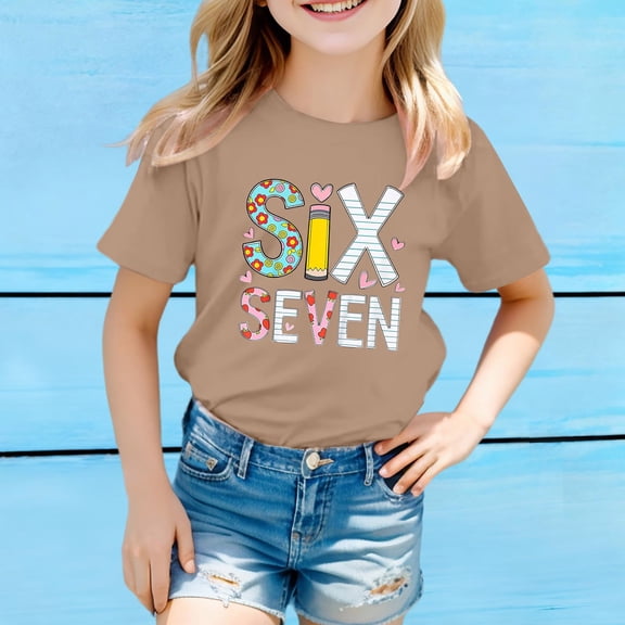 YMNXA Big Kids Girls Boys T Shirt Short Sleeve Round Neck Six Seven Print Comfortable Soft Tee Top For Casual Daily Wear Khaki 2-3 Years