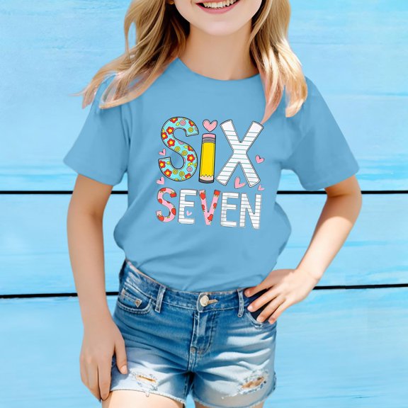 YMNXA Big Kids Girls Boys T Shirt Short Sleeve Round Neck Six Seven Print Comfortable Soft Tee Top For Casual Daily Wear Light Blue 2-3 Years